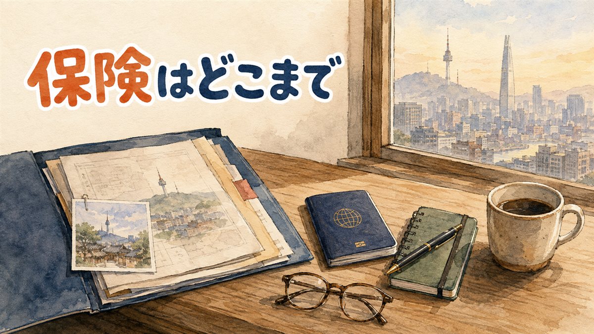 窓辺の木の机に開いた書類のフォルダ、パスポート、小さな手帳、ペン、老眼鏡、コーヒーのカップが置かれ、右の窓の向こうにソウルの街並みがかすんで見える朝のイラスト。韓国の美容医療に健康保険・旅行保険・海外療養費が使えるかを整理した記事のアイキャッチ画像