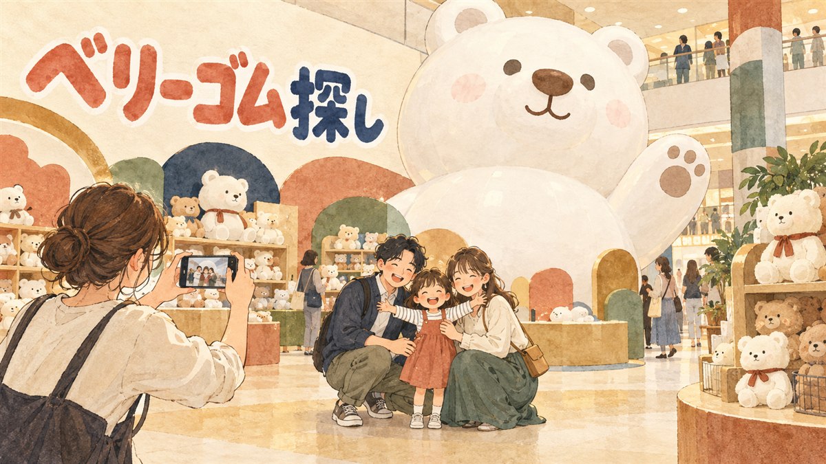 ロッテワールドのギフトショップに並ぶピンク色のクマのキャラクターグッズの棚