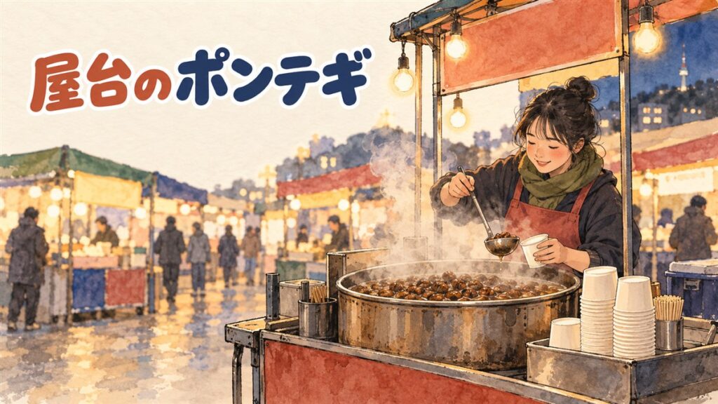 ソウルの市場の屋台でポンテギ（蚕のさなぎ）を紙コップによそう店主の手元