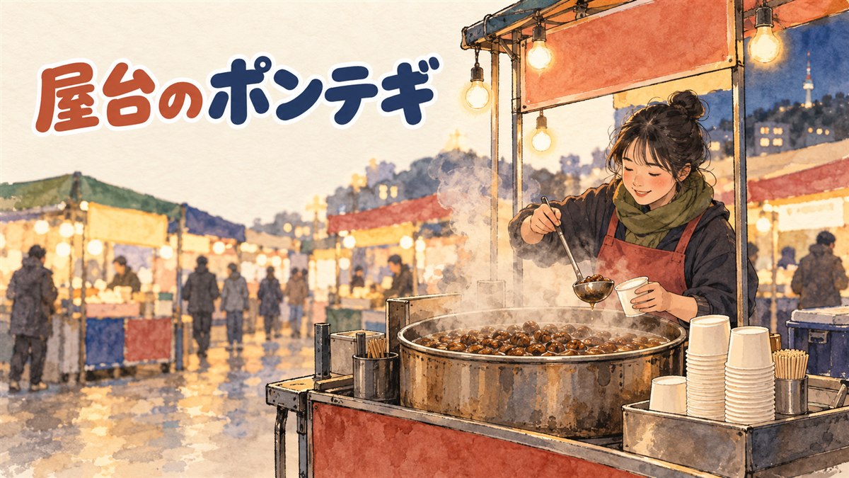 ソウルの市場の屋台でポンテギ（蚕のさなぎ）を紙コップによそう店主の手元