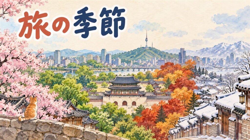 ソウルの同じ通りが春夏秋冬で移り変わる様子を描いたイメージ