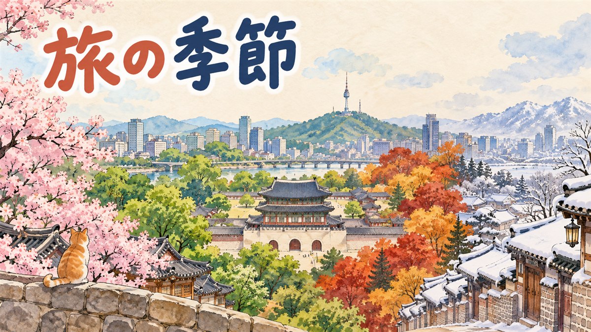 ソウルの同じ通りが春夏秋冬で移り変わる様子を描いたイメージ