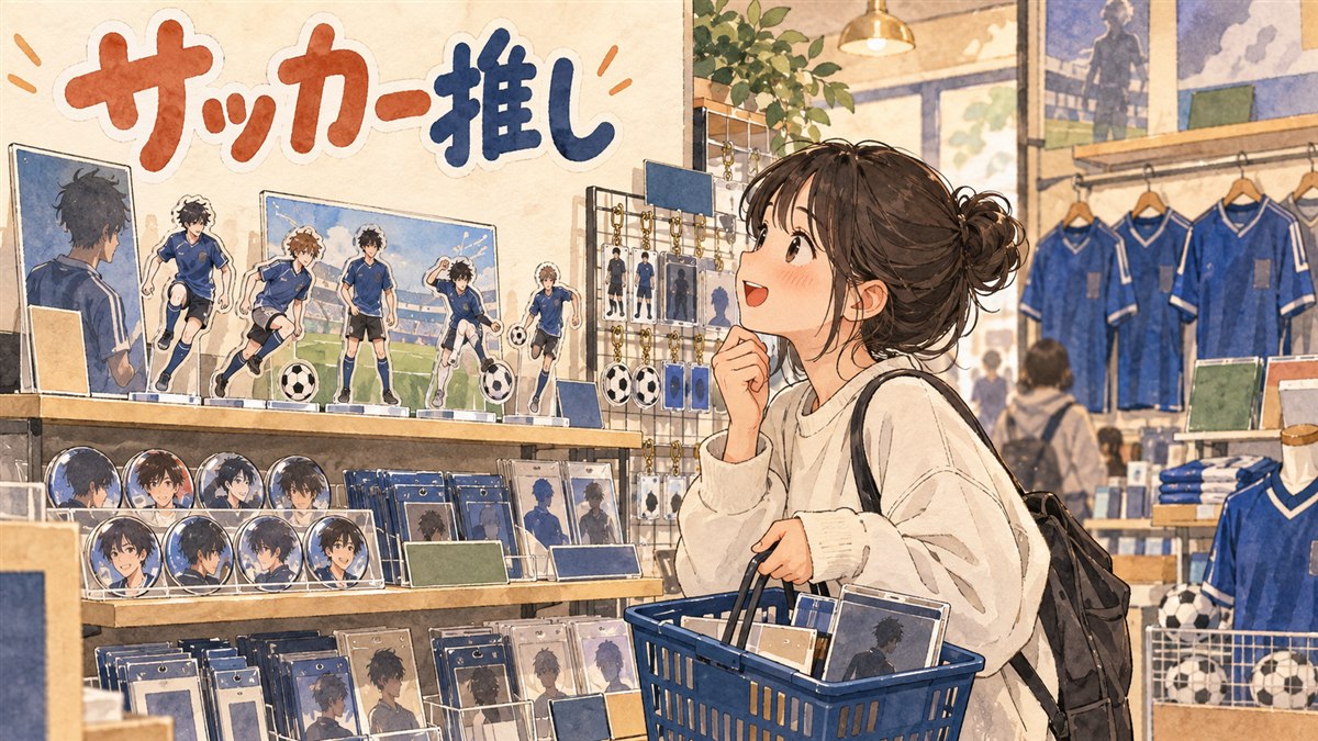 ソウルのアニメグッズ店でブルーロックのアクリルスタンドやぬいぐるみが並ぶ棚を眺める旅行者