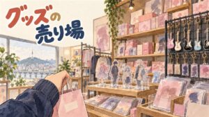 韓国のアニメグッズ専門店の店頭でキャラクターグッズが並ぶ様子