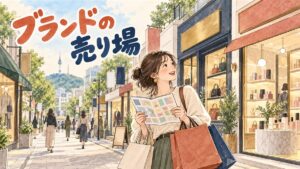 韓国のブランド直営店が並ぶ通りを歩く旅行者のイメージ