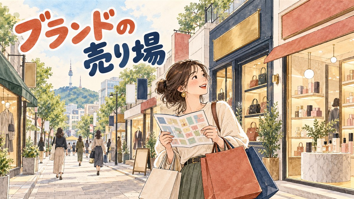 韓国のブランド直営店が並ぶ通りを歩く旅行者のイメージ