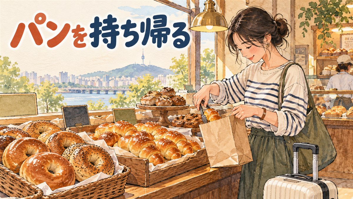 韓国のベーグルとクロワッサンを紙袋に入れ、スーツケースに詰める準備をしている情景