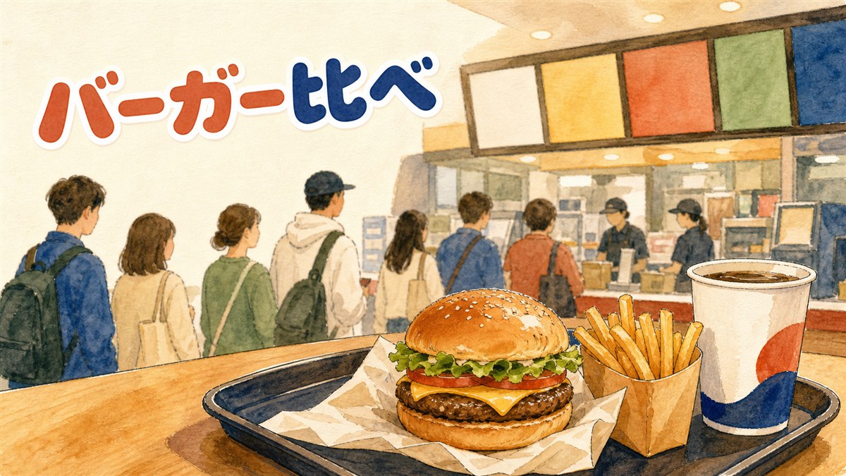 韓国のハンバーガーチェーンの店先でトレイを持つ旅行者らしき人物のイメージ