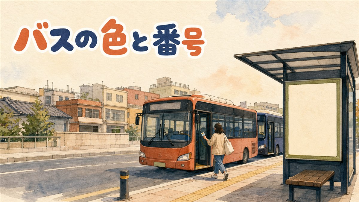 ソウルのバス停に青・緑・黄・赤など色違いの市内バスが並んで停車している様子