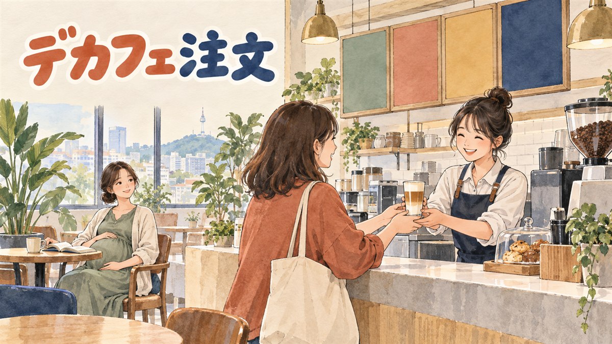 韓国のカフェでメニューを見ながらデカフェを注文する女性のイメージ