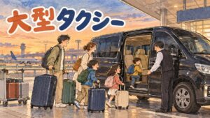 仁川空港の乗り場前で大型のバン型車と一般タクシーが並んでいる様子