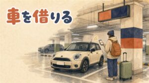韓国の街なかに停まったカーシェア車両とスマートフォンのアプリ画面