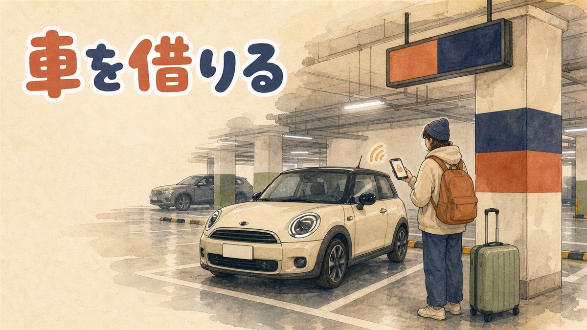 韓国の街なかに停まったカーシェア車両とスマートフォンのアプリ画面