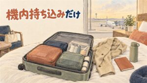 機内持ち込みサイズのスーツケースと手荷物ばかりを並べた韓国旅行の準備風景