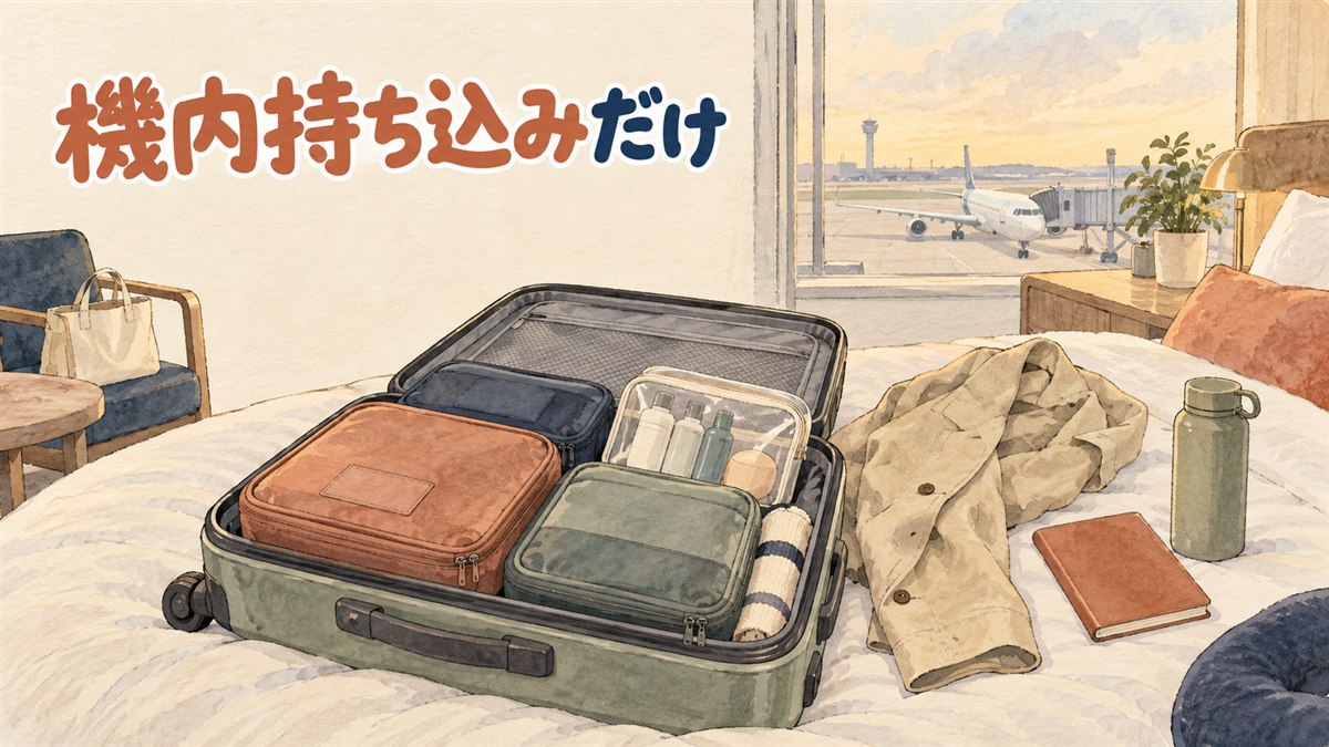 機内持ち込みサイズのスーツケースと手荷物ばかりを並べた韓国旅行の準備風景
