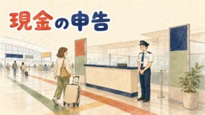 空港の税関カウンターで申告書を提出しようとする旅行者と、財布の中に外貨紙幣とウォン紙幣が並んで見える情景