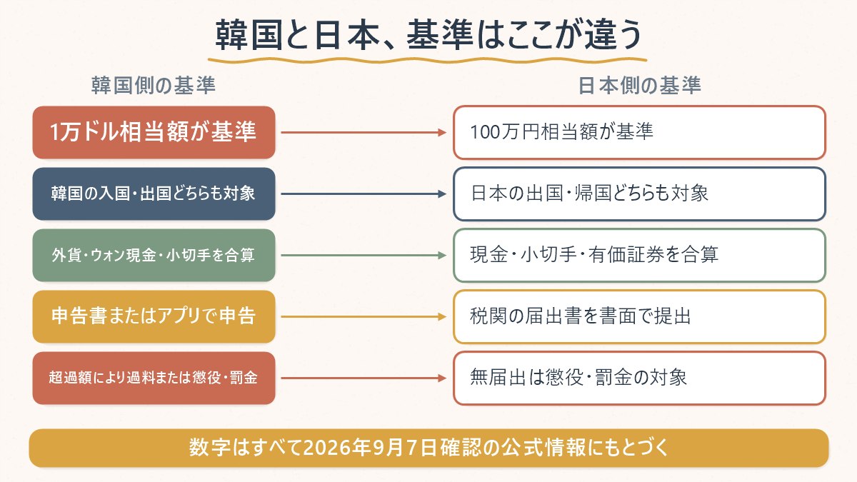 韓国側は1万ドル・日本側は100万円という、まったく別の基準で申告のしくみが分かれていることを示す図