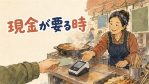 韓国の屋台の前で財布を開く旅行者とカードで支払う旅行者が並ぶ様子