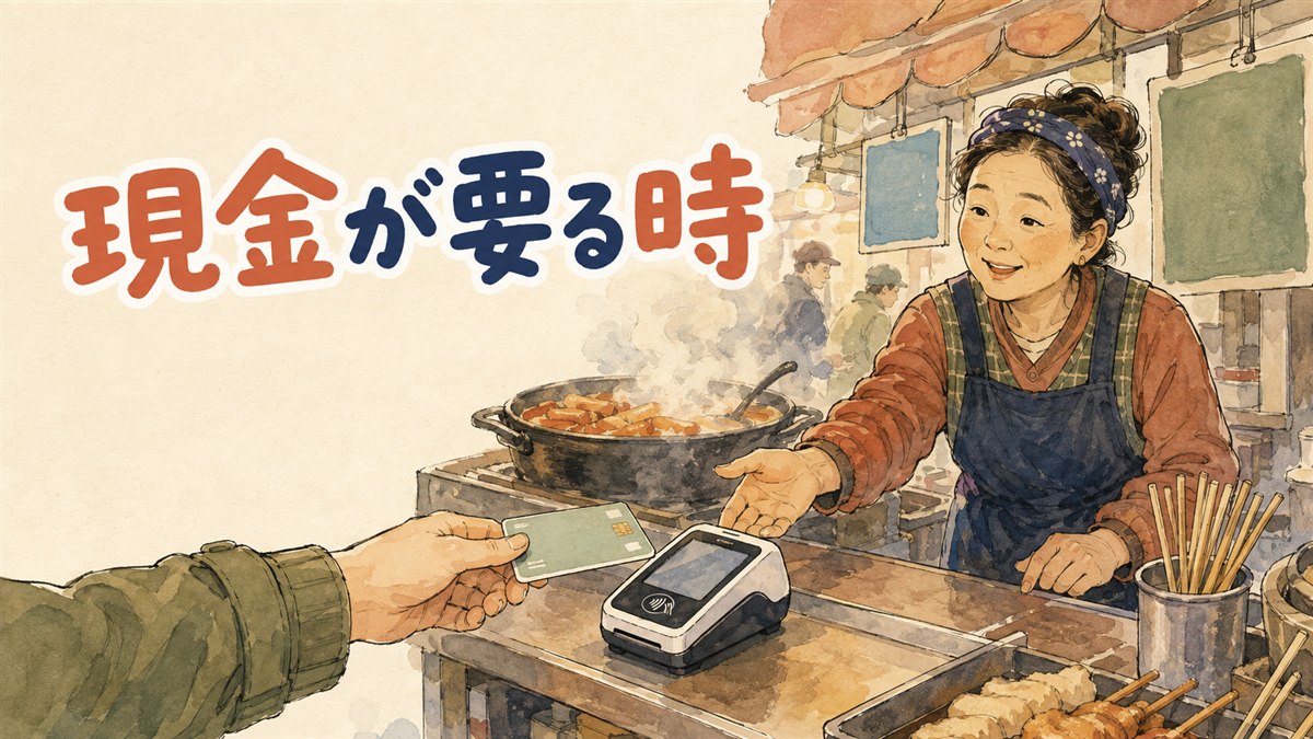 韓国の屋台の前で財布を開く旅行者とカードで支払う旅行者が並ぶ様子