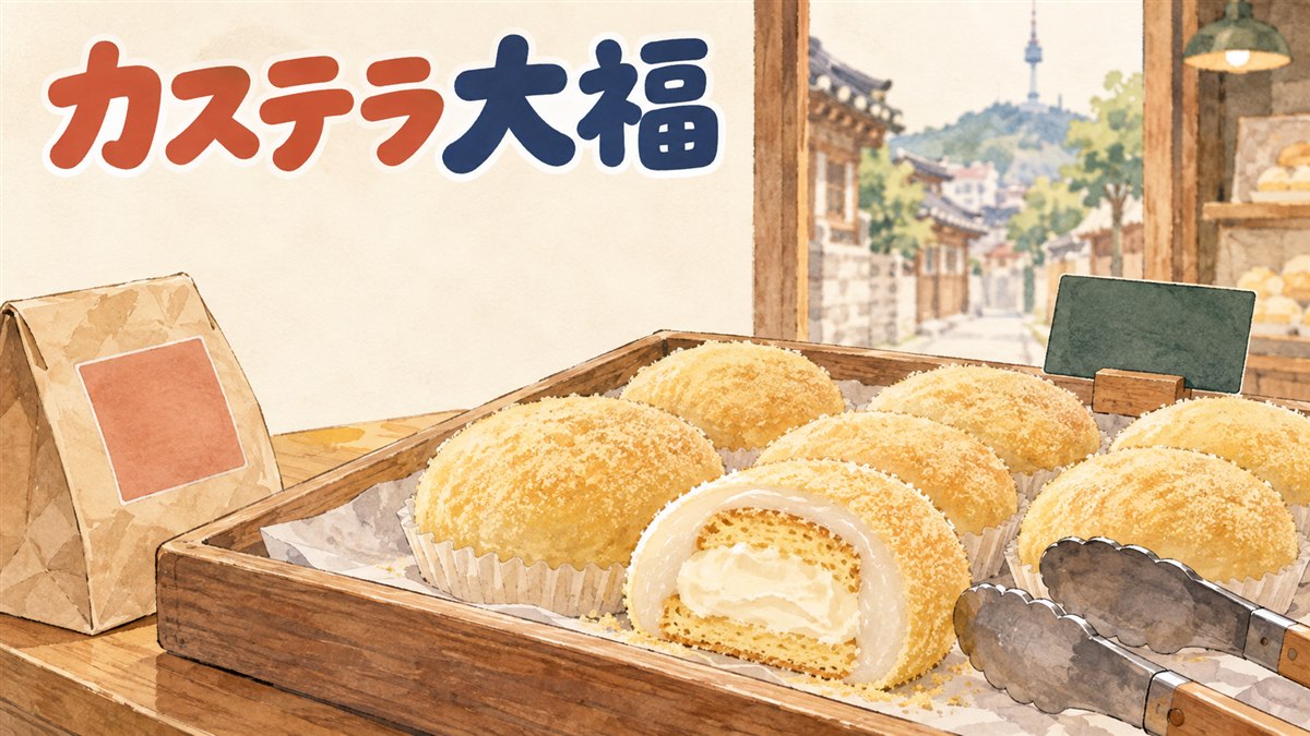カステラ色のクリームをまとった求肥餅と、そばに添えられたスライスカステラの写真