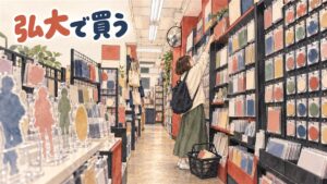 韓国・弘大のアニメグッズ専門店の店頭にキャラクターグッズが並ぶ様子