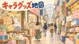 韓国のキャラクターグッズを作品タイプ別に売り場へ振り分ける案内図