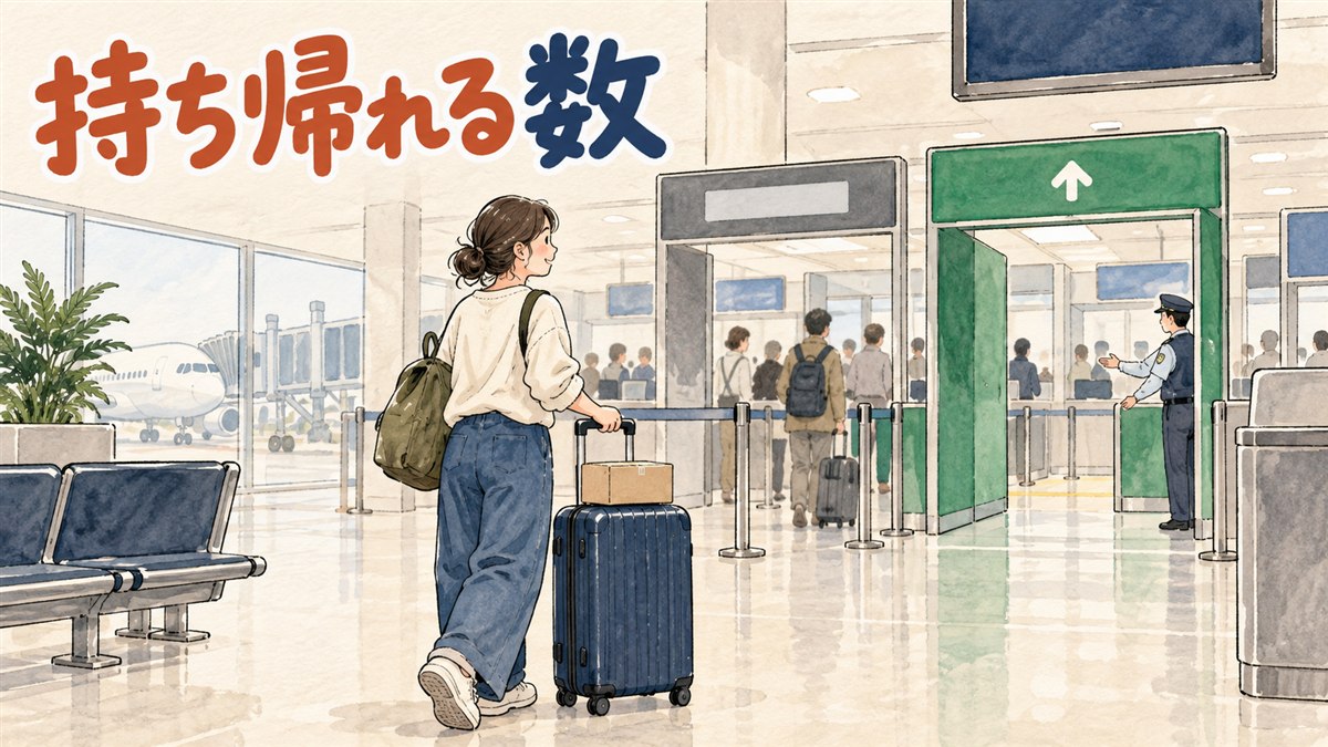 空港の税関エリアでスーツケースを持つ旅行者のイメージ