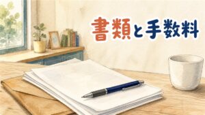 木のカウンターに白い書類の束と茶色の封筒が置かれ、いちばん上の紙にボールペンが斜めに載り、右手前に白い陶器のカップがある室内のイラスト。韓国のクリニックでもらう書類と手数料の上限を整理した記事のアイキャッチ画像