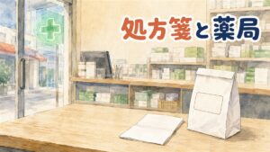 明るい韓国の薬局のカウンターを客側から描いたイラスト。淡い木のカウンターに折りたたんだ白い紙が1枚と、ラベルが白紙の小さな薬袋が置かれ、奥にラベルのない白と緑の箱が並ぶ棚がぼんやりと見え、左のガラス戸の外に緑の十字の看板がともっている。韓国のクリニックの処方箋を薬局で薬にするまでの段取りを整理した記事のアイキャッチ画像