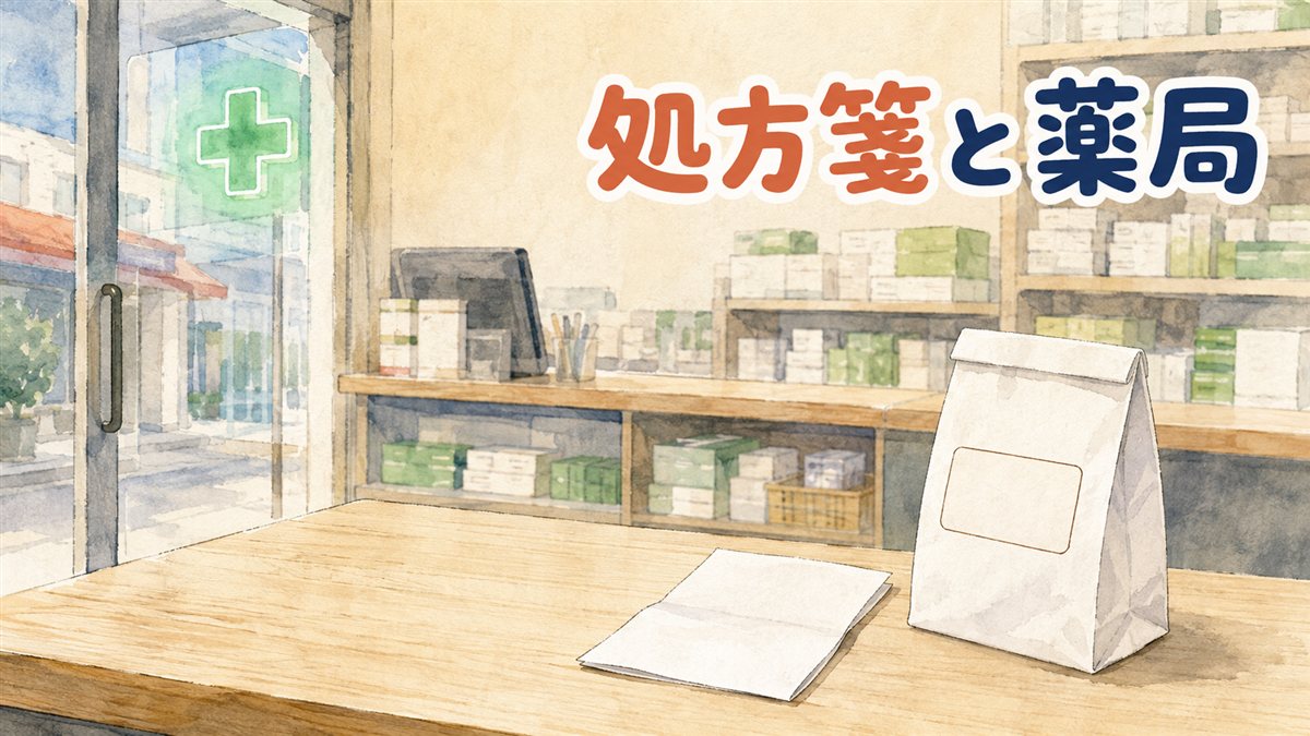 明るい韓国の薬局のカウンターを客側から描いたイラスト。淡い木のカウンターに折りたたんだ白い紙が1枚と、ラベルが白紙の小さな薬袋が置かれ、奥にラベルのない白と緑の箱が並ぶ棚がぼんやりと見え、左のガラス戸の外に緑の十字の看板がともっている。韓国のクリニックの処方箋を薬局で薬にするまでの段取りを整理した記事のアイキャッチ画像