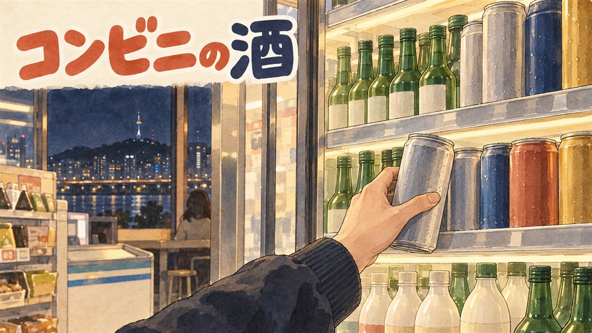 韓国のコンビニの酒類コーナーで、缶ハイボールや缶マッコリが並ぶ冷蔵ケースを見ている女性の後ろ姿