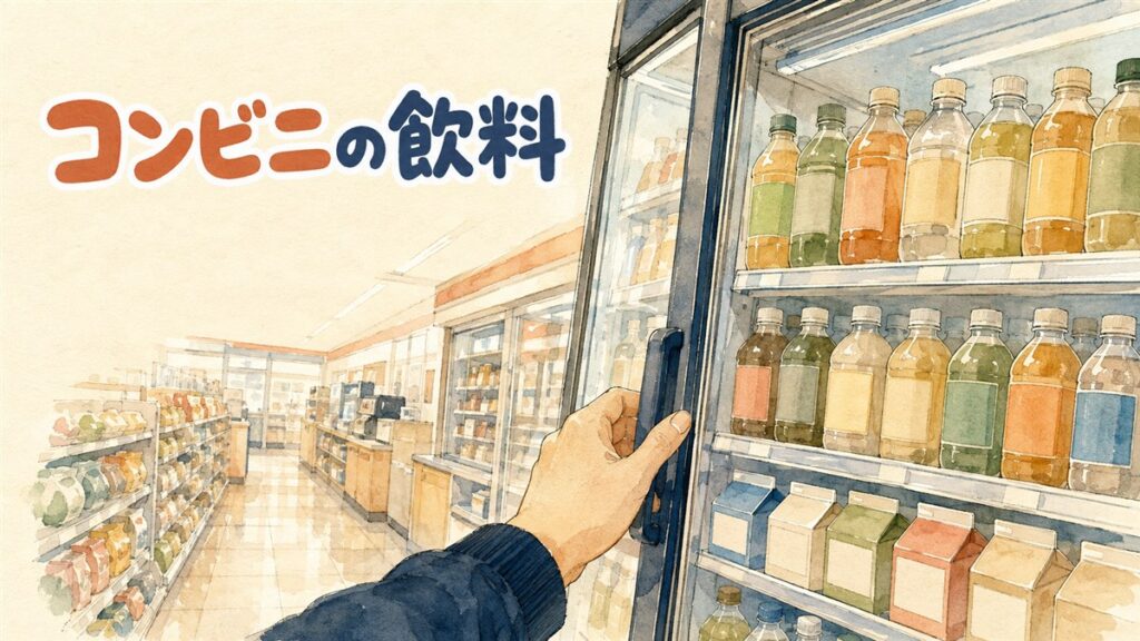 韓国のコンビニの冷蔵ケースに並ぶ飲み物を選ぶ旅行者の後ろ姿