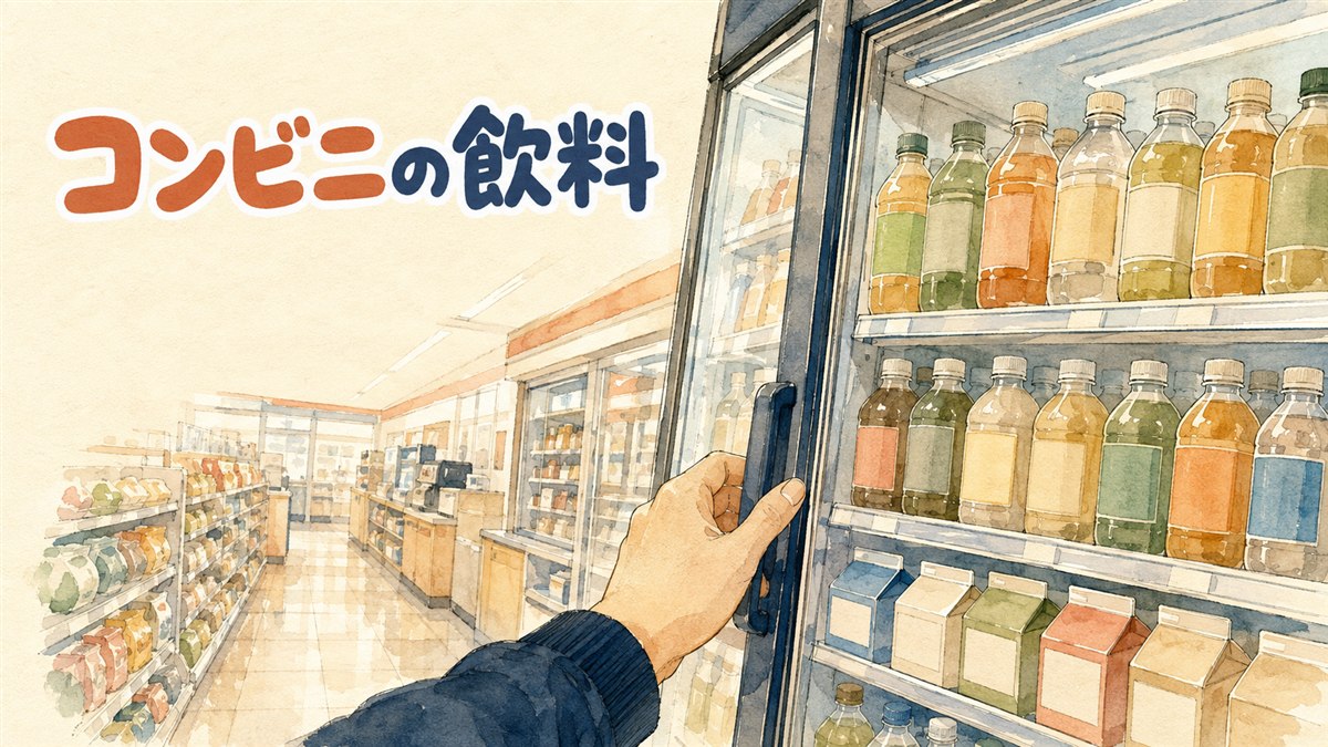 韓国のコンビニの冷蔵ケースに並ぶ飲み物を選ぶ旅行者の後ろ姿