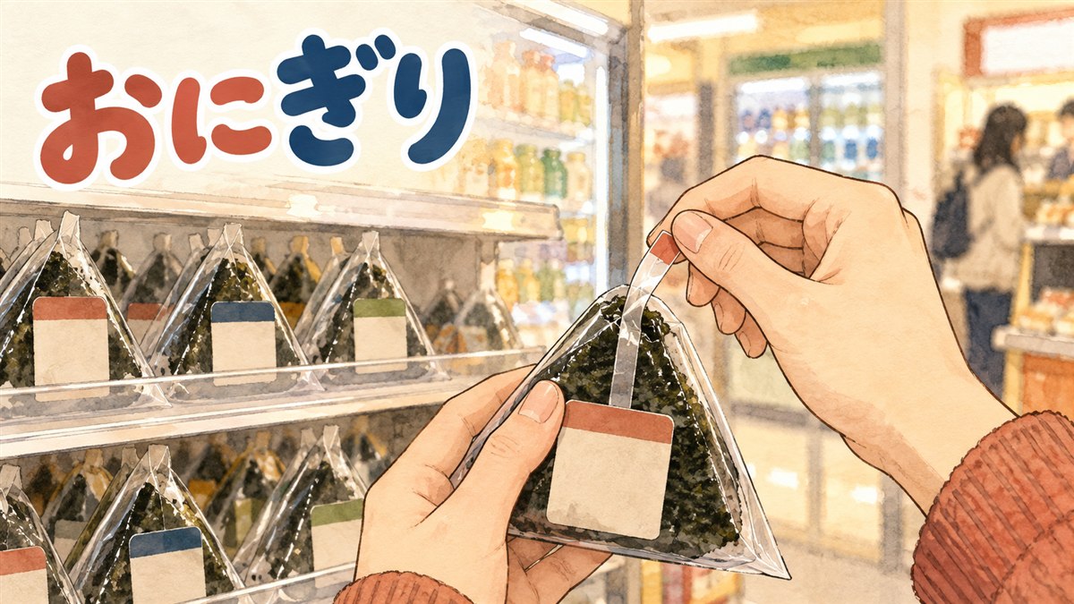 韓国コンビニの棚に並ぶ三角形のおにぎり(三角キンパ)を手に取る場面