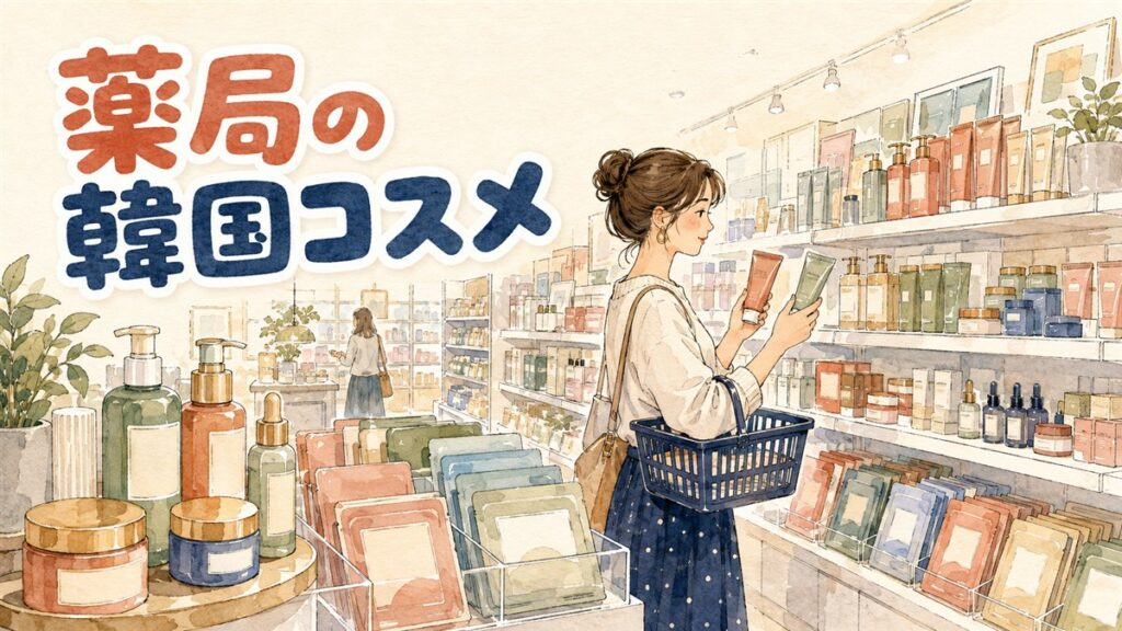 日本のドラッグストアの化粧品コーナーに並ぶ韓国コスメのパッケージ