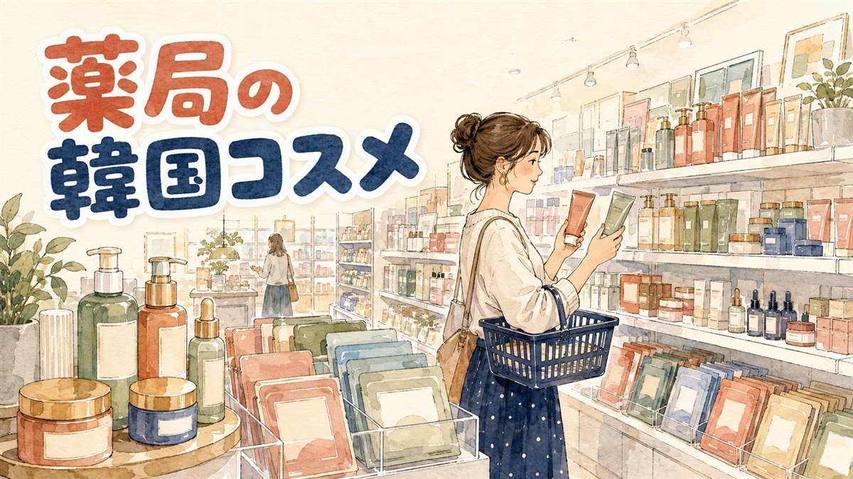 日本のドラッグストアの化粧品コーナーに並ぶ韓国コスメのパッケージ