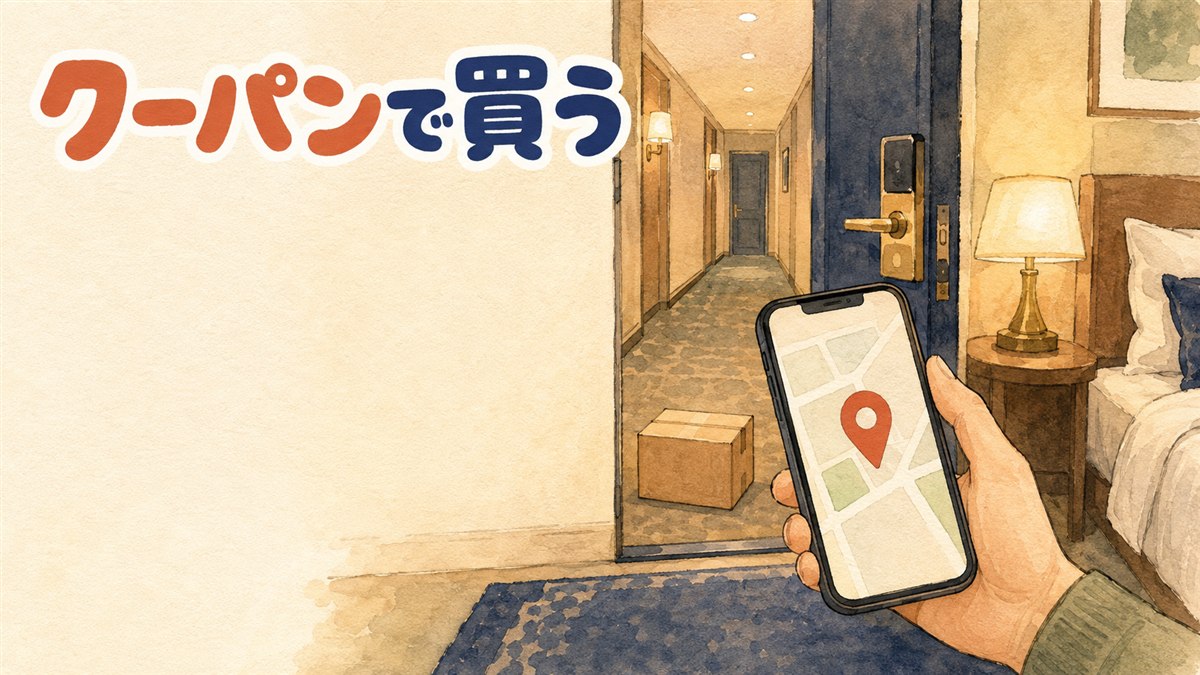 スーツケースのそばでスマホの通販画面を見つめる旅行者の後ろ姿、ソウルの街角