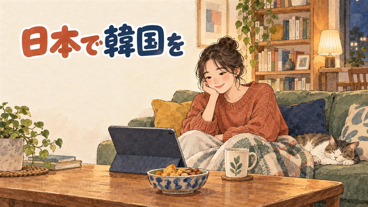 日本の部屋で韓国ドラマの配信画面とハングルの単語帳、韓国食材の袋を前にくつろぐ女性
