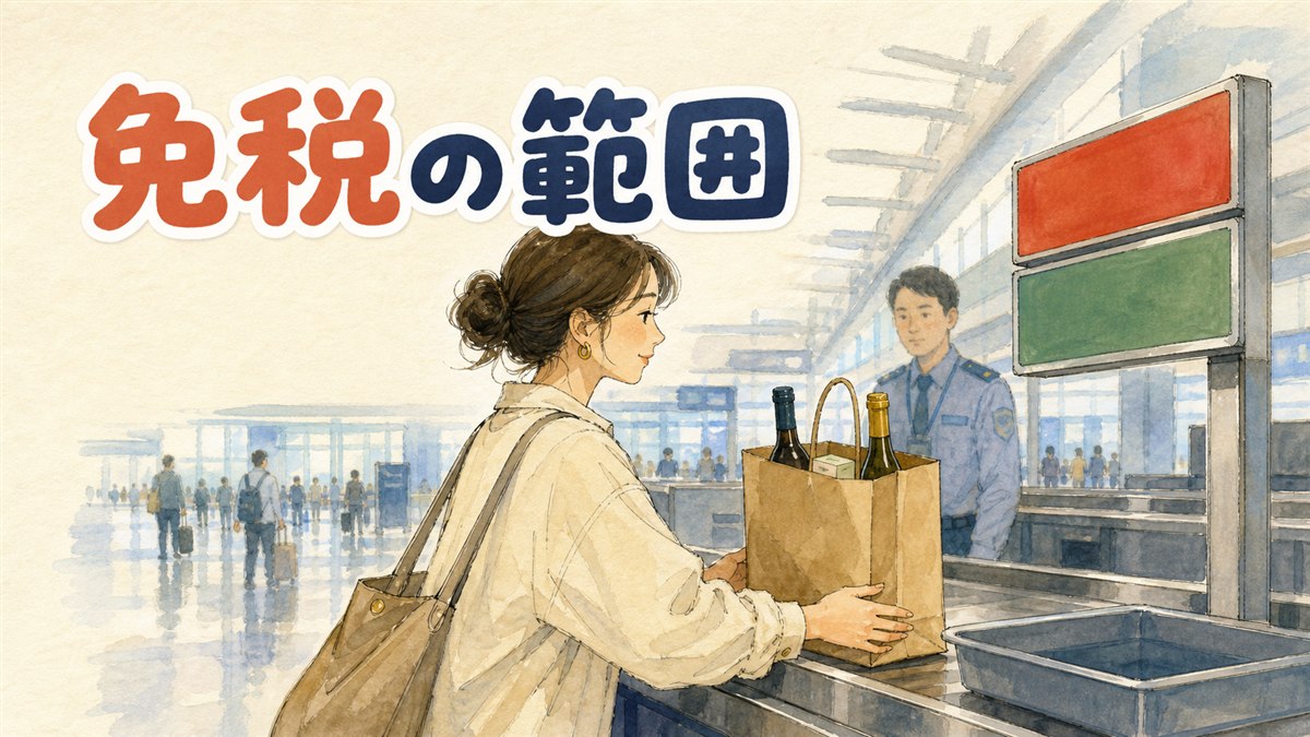空港の税関申告エリアでスーツケースを引く旅行者