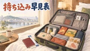 空港の税関カウンターでスーツケースを開き、荷物を確認している旅行者のアイキャッチ