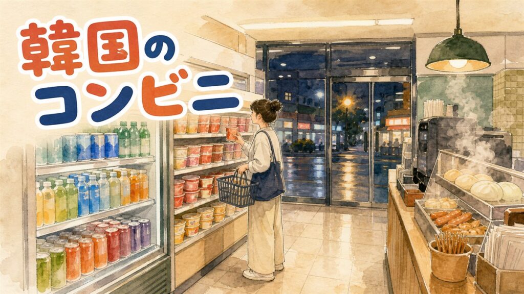 日本のコンビニの棚に並ぶ韓国風スナックとキムチのパッケージ