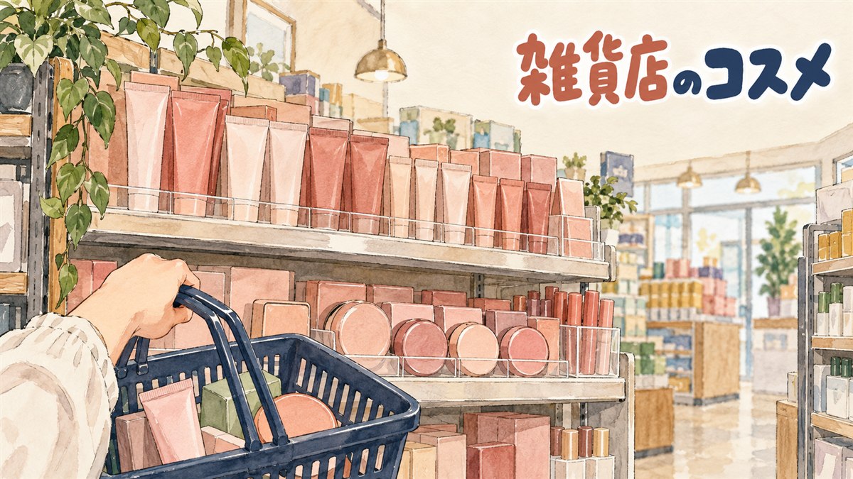 韓国ダイソーの店内でコスメの棚を前に持ち帰りの条件を確認している旅行者のイメージ