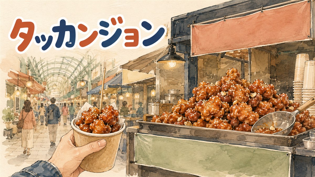 束草の市場でタッカンジョン(닭강정)をカップに入れて歩きながら食べる人の情景