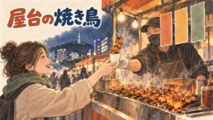 ソウルの屋台で焼き鳥(タッコチ)を選ぶ観光客のイメージ