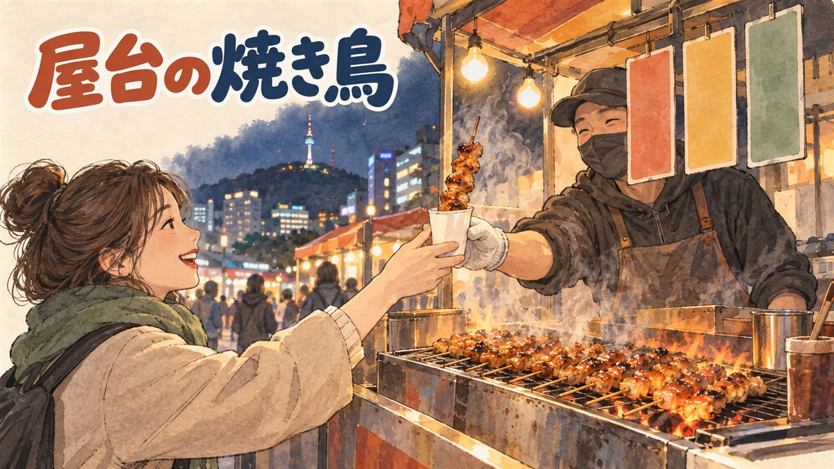 ソウルの屋台で焼き鳥(タッコチ)を選ぶ観光客のイメージ