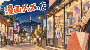 韓国のアニメグッズ店の陳列棚に並ぶキャラクターグッズを見つめる旅行者の後ろ姿