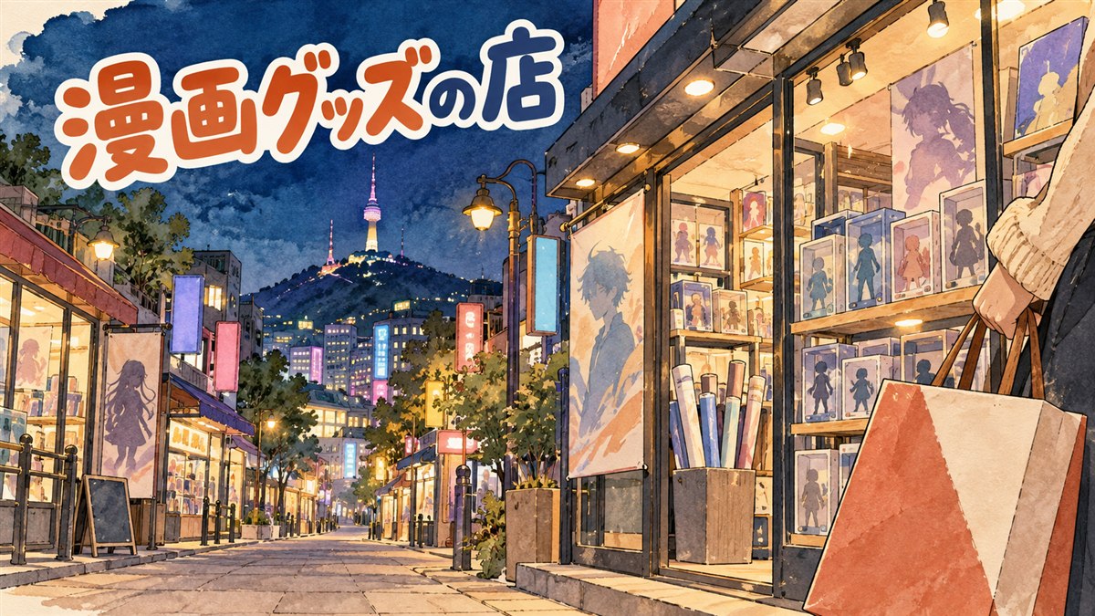 韓国のアニメグッズ店の陳列棚に並ぶキャラクターグッズを見つめる旅行者の後ろ姿