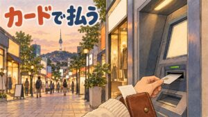 韓国の街角のATMコーナーでデビットカードを操作する旅行者の後ろ姿