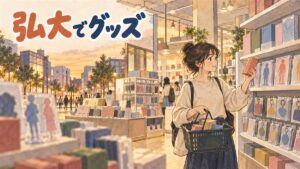 韓国ソウル・弘大のアニメグッズ店の店頭で鬼滅の刃グッズを眺める買い物客のイメージ
