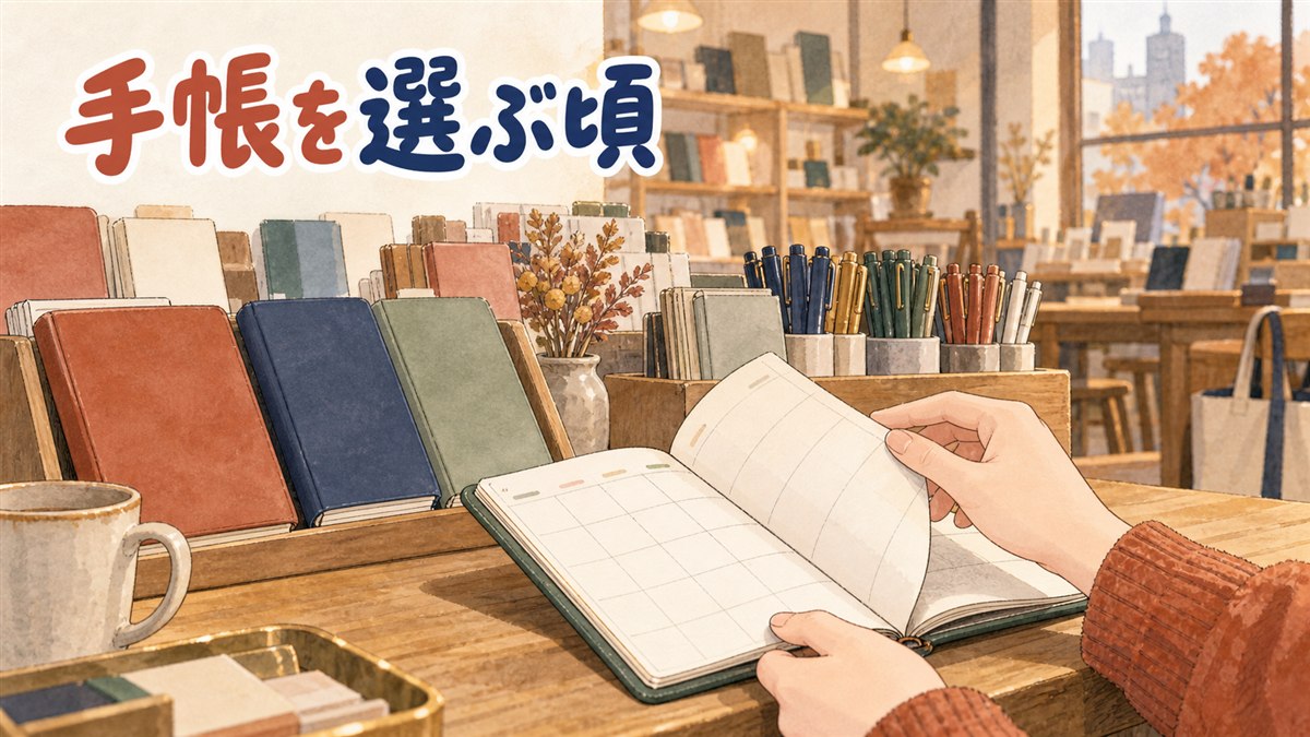 韓国の書店の文具コーナーで、色とりどりのダイアリーとカフェの手帳が並ぶ年末の売場